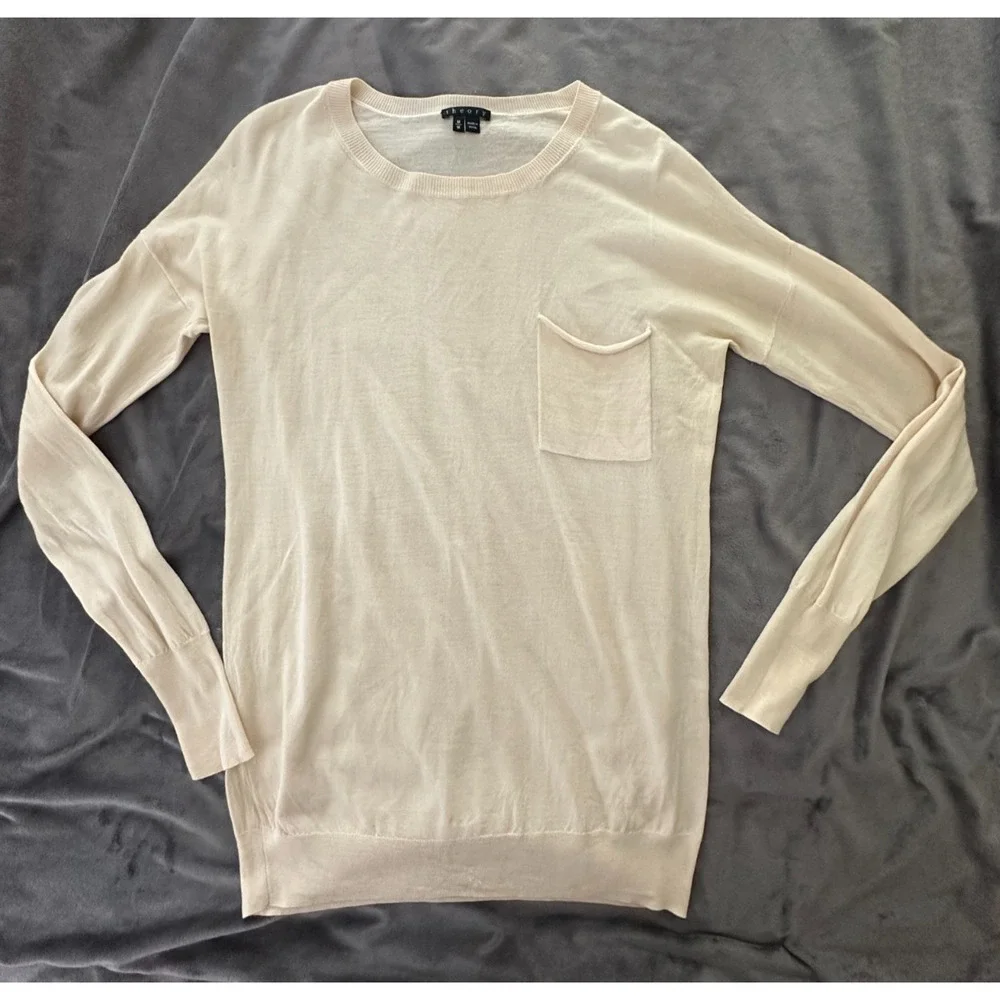 THEORY Womens Sweater Medium Beige Cream Wool Preen Tollie Long Sleeve Pocket - Picture 3 of 9